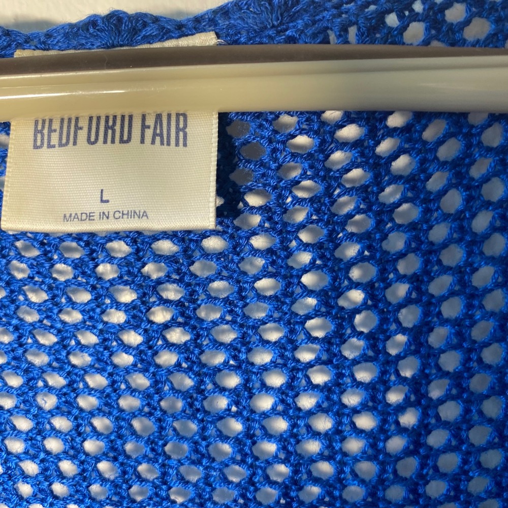 Bedford Fair Royal Blue Crochet Open Front Cardigan Scalloped Hem Size Large - Picture 5 of 6